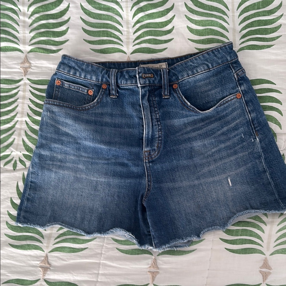 Madewell Curvy Blue Jean Shorts with Raw Hem and Distressed Look